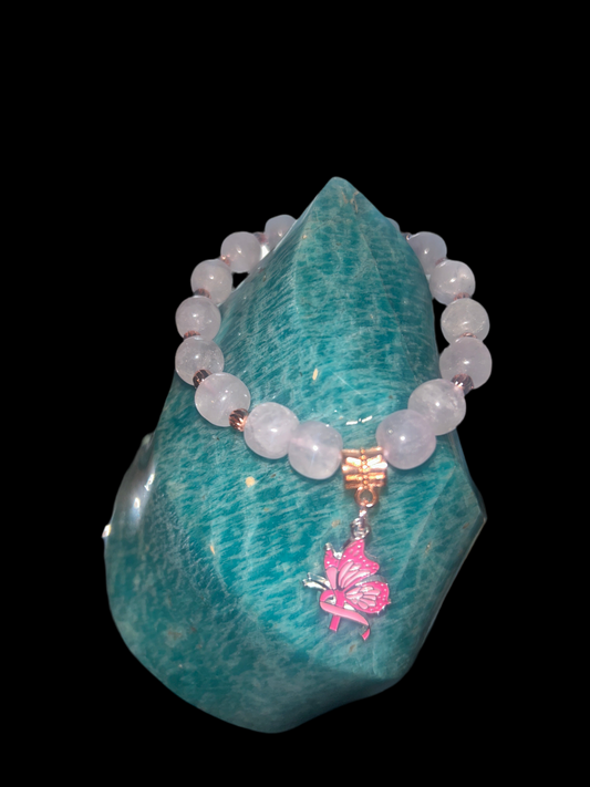 Women’s amethyst bracelet with rose gold spacers and charm(breast cancer awareness collection)