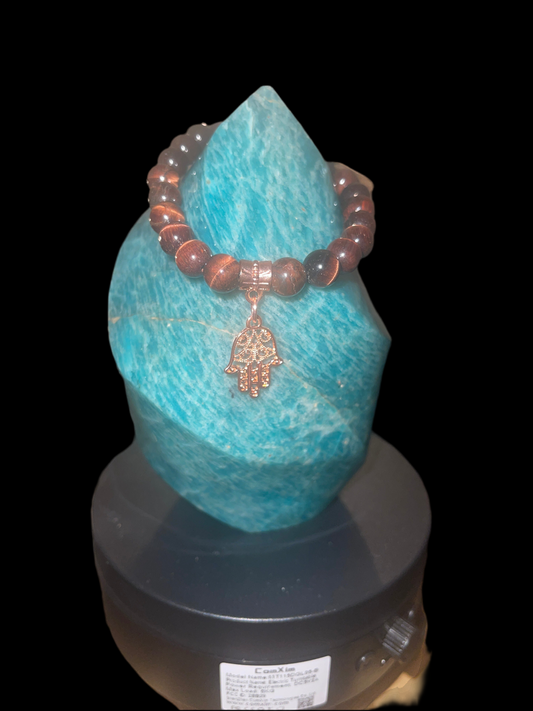 Women’s red tiger eye bracelet with rose gold charm